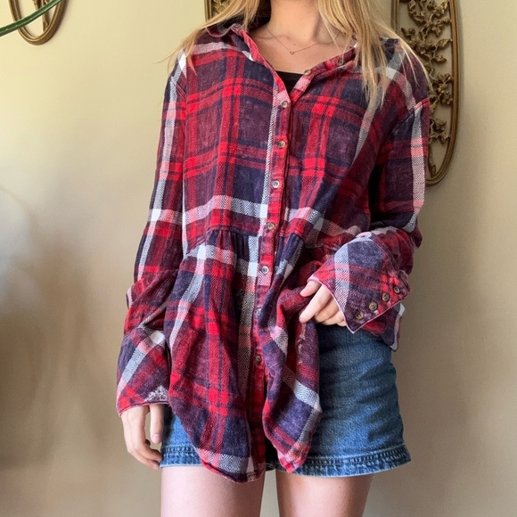 Free People Red and Black Plaid Blouse - Picture 2 of 10